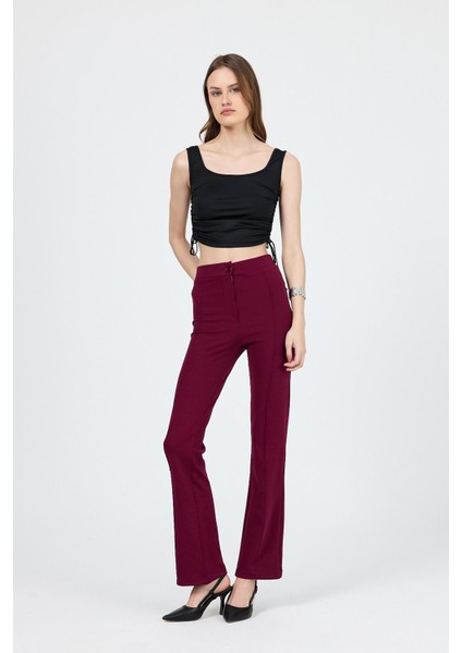 Straight/düz Kesim Yüksek Bel Nervür Dikişli Örme pantolon Bordo