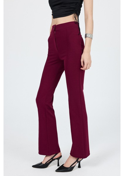 Straight/düz Kesim Yüksek Bel Nervür Dikişli Örme pantolon Bordo
