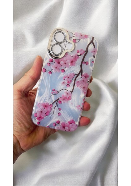 Apple iPhone 16 Uyumlu Kılıf 3D Hologramlı Sakura Çiçek Desenli Kamera Korumalı Kapak / Kılıf