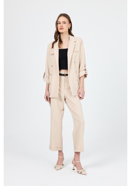 Bej Çift Düğmeli Kemerli Takım 6670A