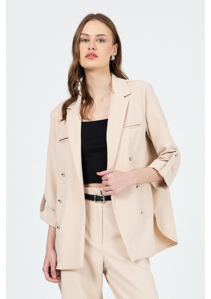 Bej Çift Düğmeli Kemerli Takım 6670A fırsatları