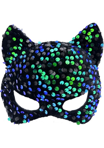Siyah Kadife Kumaş Üzerine Mavi Yeşil Payetli Pullu Parti Maskesi 16x14 Cm