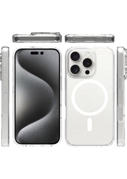Apple iPhone 16 Pro Max Kılıf Magsafe Şarj Özellikli Şeffaf Sert Pc Ardx Embos Kapak-Şeffaf