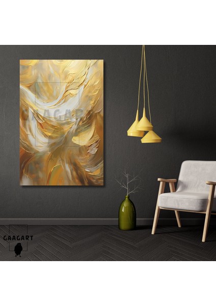 Tekli Dikey Kanvas Duvar Tablosu Yağlı Boya Görünümlü Gold Beyaz Fırça Darbeleri