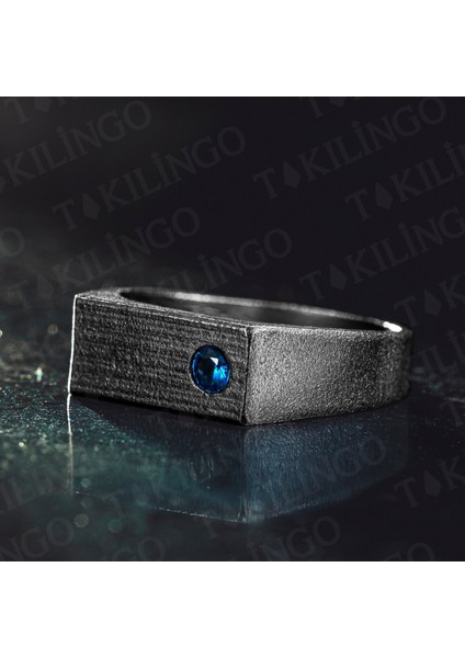 925 Ayar Gümüş Oksitli Pırlanta Montür Mavi Zirkon Taşlı Sade Erkek Yüzük fiyatları