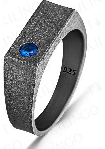 925 Ayar Gümüş Oksitli Pırlanta Montür Mavi Zirkon Taşlı Sade Erkek Yüzük modelleri