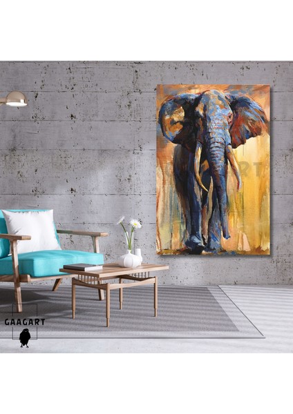 Tekli Dikey Kanvas Duvar Tablosu Yağlı Boya Görünümlü Sarı Fil