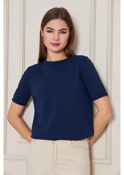 Kadın Bisiklet Yaka Kısa Kollu Triko Bluz Basic Bluz 25222