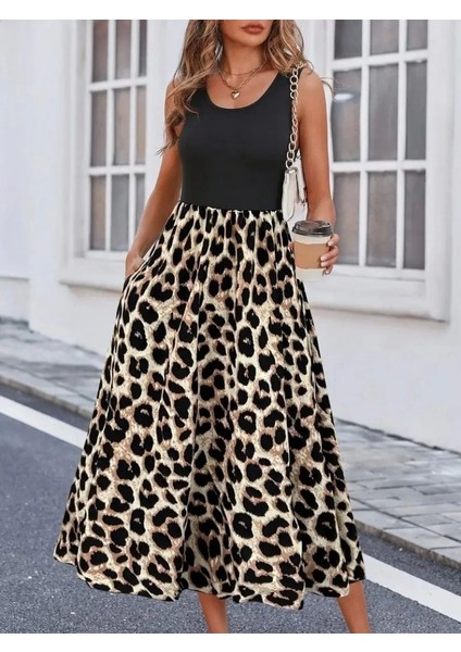 Kadın Askılı Yuvarlak Yaka Üst Viskon Alt Leopar Desenli Süprem Uzun Elbise