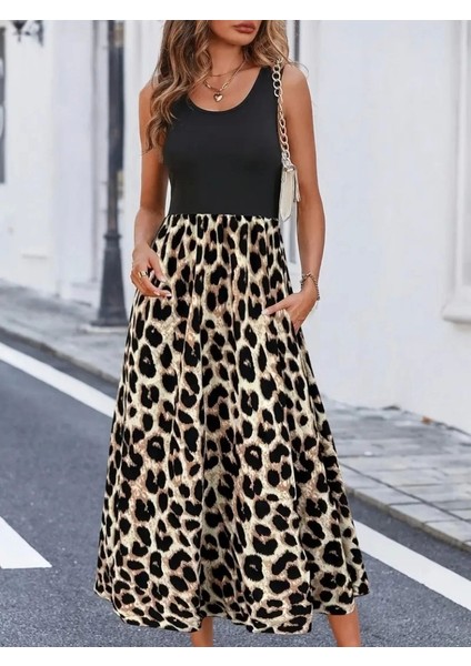 Kadın Askılı Yuvarlak Yaka Üst Viskon Alt Leopar Desenli Süprem Uzun Elbise modelleri