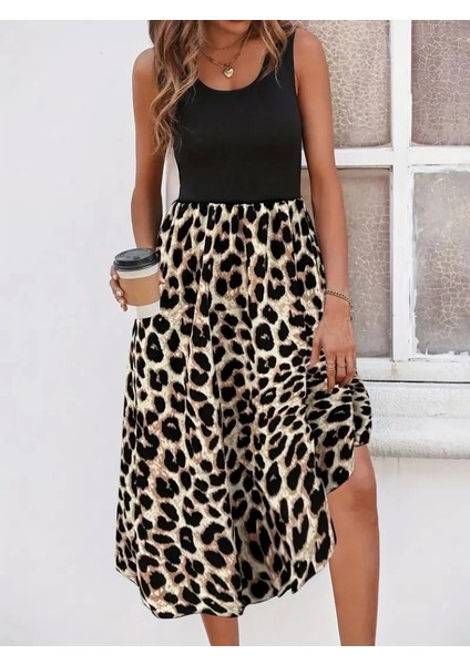 Kadın Askılı Yuvarlak Yaka Üst Viskon Alt Leopar Desenli Süprem Uzun Elbise indirimleri