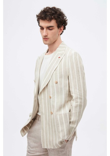Slim Fit Bej Armürlü %100 Keten Kruvaze Kumaş Ceket