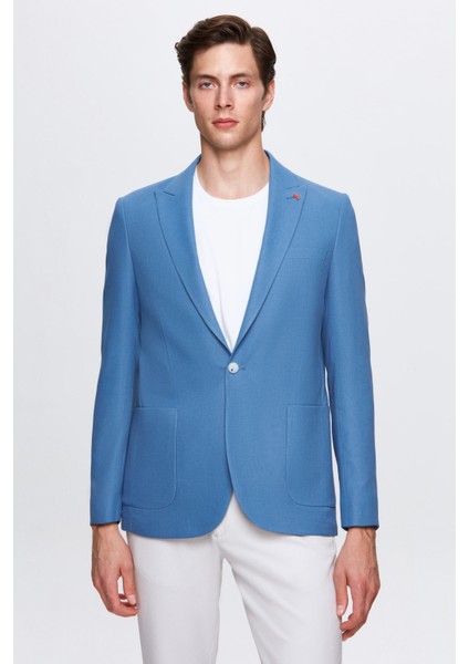 Slim Fit Mavi Armürlü Uçan Blazer Kumaş Ceket