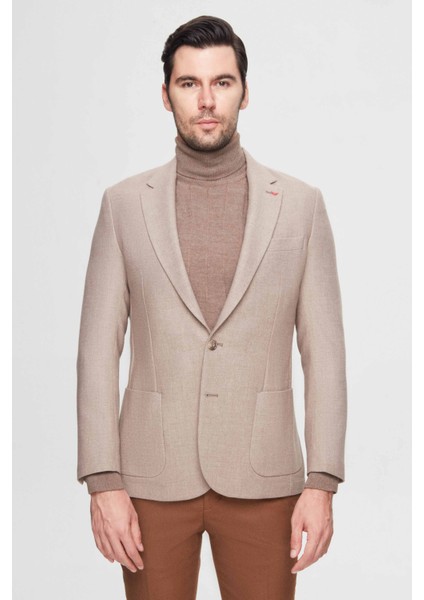 Ds Damat Regular Fit Bej Armürlü Çift Yırtmaçlı Yünlü Blazer Kumaş Ceket