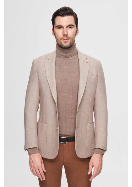 Ds Damat Regular Fit Bej Armürlü Çift Yırtmaçlı Yünlü Blazer Kumaş Ceket