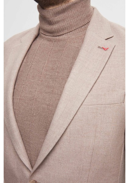 Ds Damat Regular Fit Bej Armürlü Çift Yırtmaçlı Yünlü Blazer Kumaş Ceket