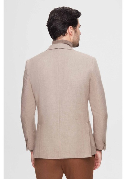 Ds Damat Regular Fit Bej Armürlü Çift Yırtmaçlı Yünlü Blazer Kumaş Ceket