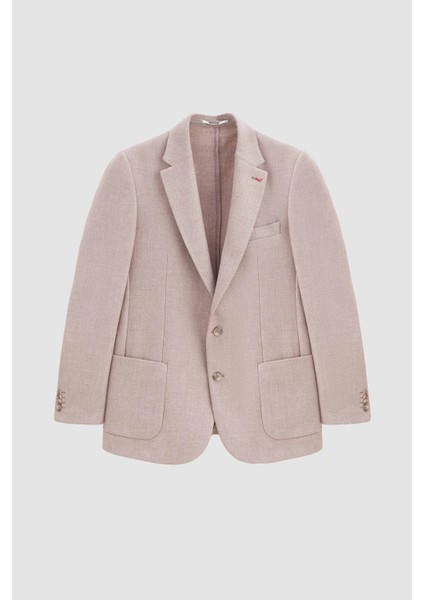 Ds Damat Regular Fit Bej Armürlü Çift Yırtmaçlı Yünlü Blazer Kumaş Ceket