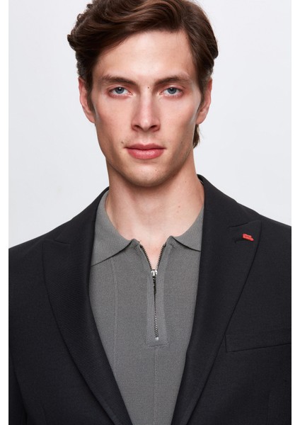 Slim Fit Siyah Armürlü Uçan Blazer Kumaş Ceket