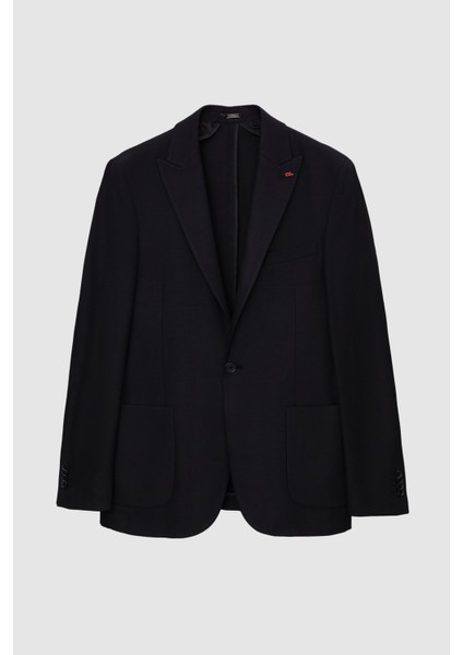 Slim Fit Siyah Armürlü Uçan Blazer Kumaş Ceket