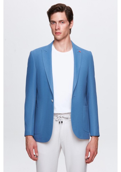 Slim Fit Mavi Armürlü Uçan Blazer Kumaş Ceket