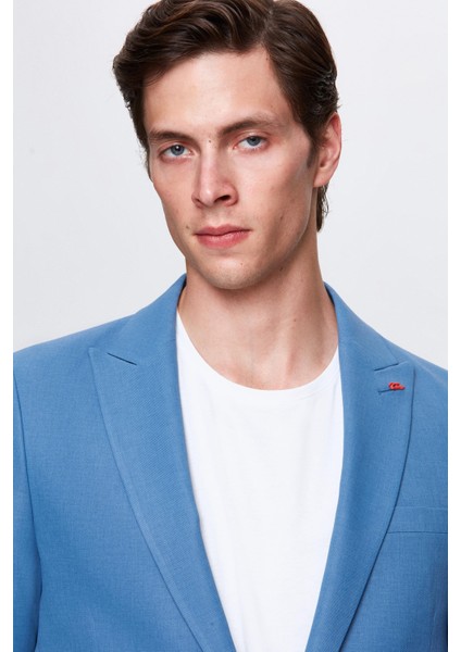 Slim Fit Mavi Armürlü Uçan Blazer Kumaş Ceket
