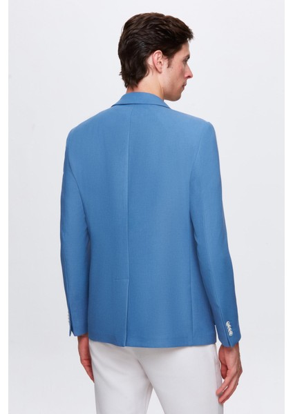 Slim Fit Mavi Armürlü Uçan Blazer Kumaş Ceket