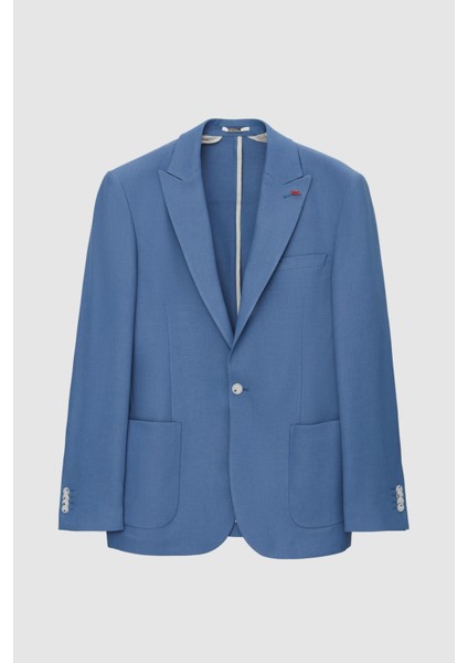 Slim Fit Mavi Armürlü Uçan Blazer Kumaş Ceket