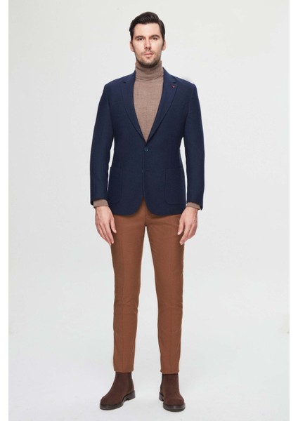 Ds Damat Regular Fit Lacivert Armürlü Çift Yırtmaçlı Yünlü Blazer Kumaş Ceket