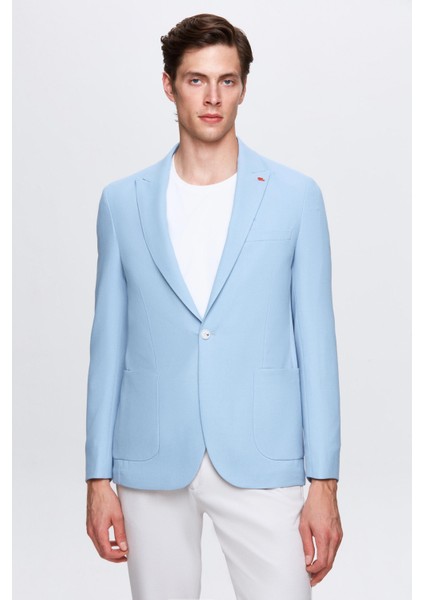 Slim Fit Koyu Mavi Armürlü Uçan Blazer Kumaş Ceket