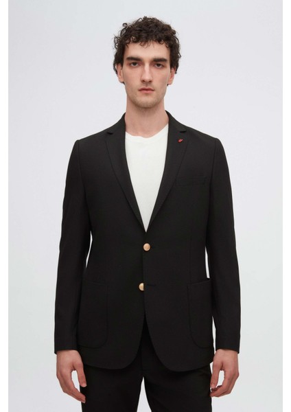 Slim Fit Siyah Armürlü Kumaş Ceket