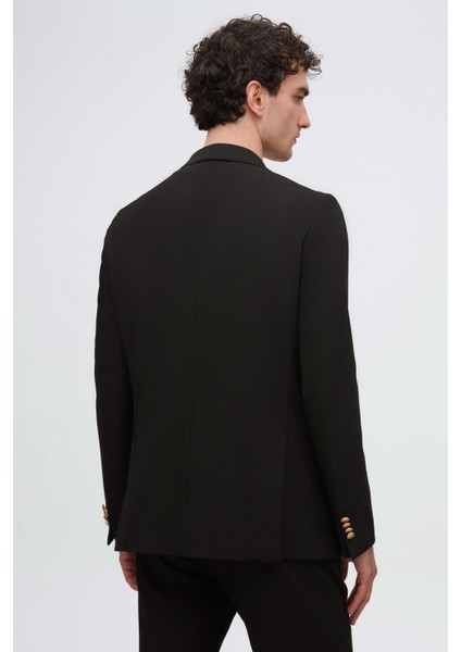 Slim Fit Siyah Armürlü Kumaş Ceket