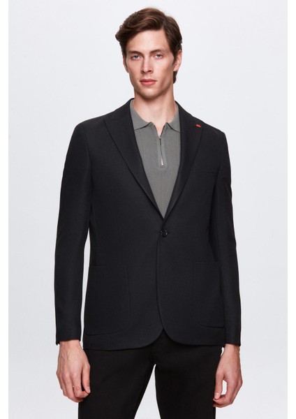 Slim Fit Siyah Armürlü Uçan Blazer Kumaş Ceket
