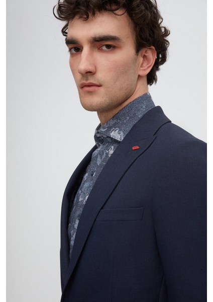 Slim Fit Lacivert Armürlü Uçan Blazer Kumaş Ceket