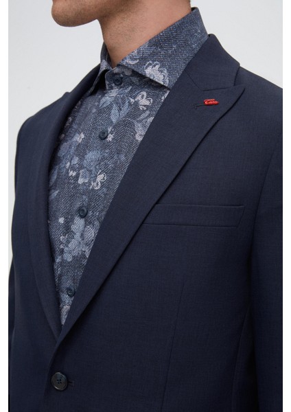 Slim Fit Lacivert Armürlü Uçan Blazer Kumaş Ceket