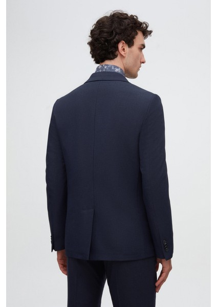 Slim Fit Lacivert Armürlü Uçan Blazer Kumaş Ceket