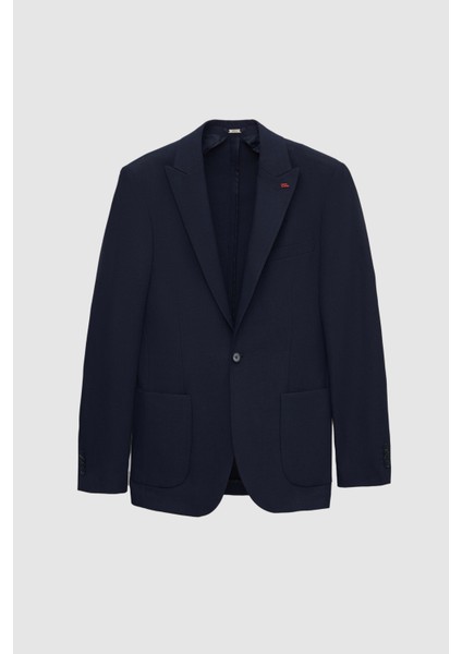 Slim Fit Lacivert Armürlü Uçan Blazer Kumaş Ceket