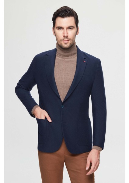 Ds Damat Regular Fit Lacivert Armürlü Çift Yırtmaçlı Yünlü Blazer Kumaş Ceket