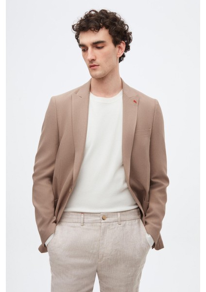 Slim Fit Vizon Armürlü Uçan Blazer Kumaş Ceket