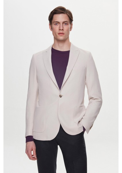 Slim Fit Bej Armürlü Uçan Blazer Kumaş Ceket