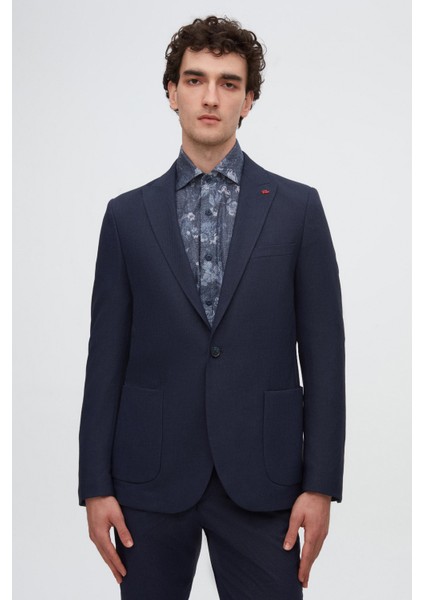 Slim Fit Lacivert Armürlü Uçan Blazer Kumaş Ceket