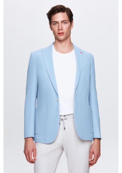Slim Fit Koyu Mavi Armürlü Uçan Blazer Kumaş Ceket