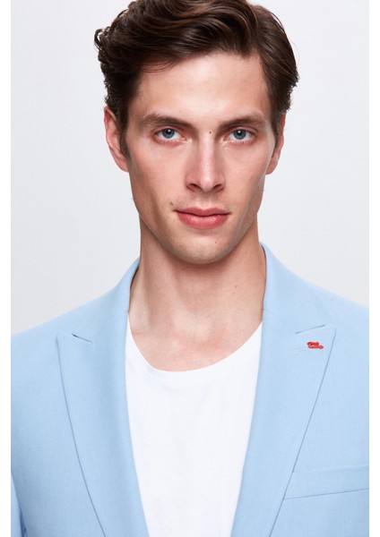 Slim Fit Koyu Mavi Armürlü Uçan Blazer Kumaş Ceket