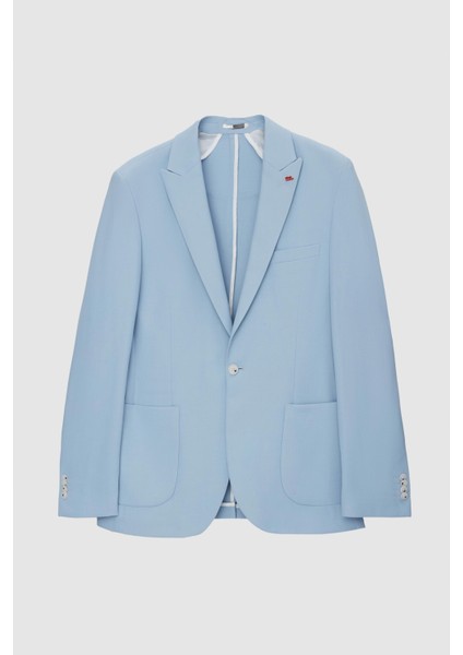 Slim Fit Koyu Mavi Armürlü Uçan Blazer Kumaş Ceket