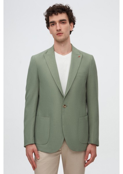 Slim Fit Yeşil Armürlü Uçan Blazer Kumaş Ceket