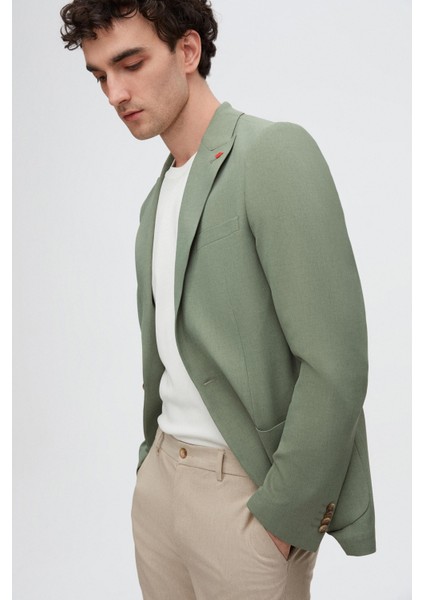 Slim Fit Yeşil Armürlü Uçan Blazer Kumaş Ceket