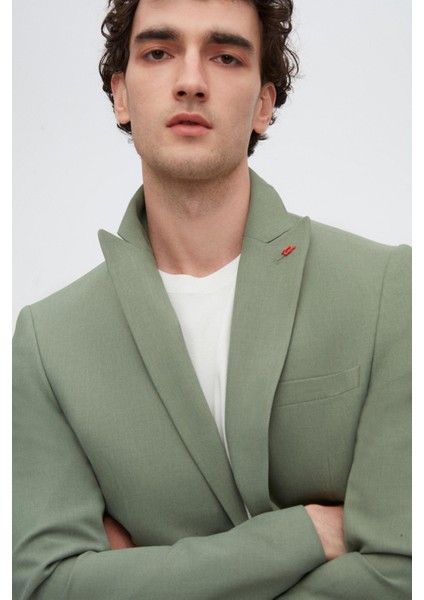 Slim Fit Yeşil Armürlü Uçan Blazer Kumaş Ceket