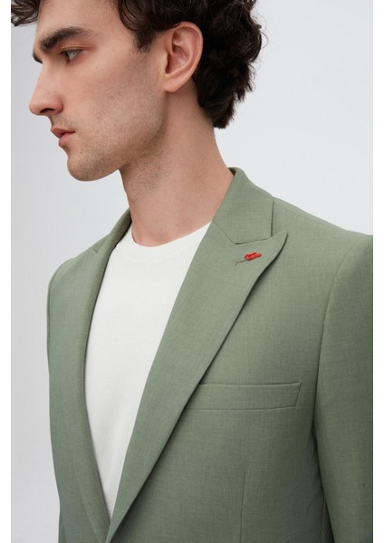 Slim Fit Yeşil Armürlü Uçan Blazer Kumaş Ceket