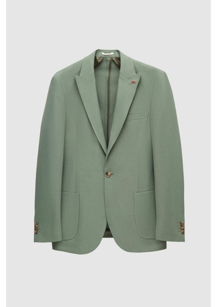 Slim Fit Yeşil Armürlü Uçan Blazer Kumaş Ceket