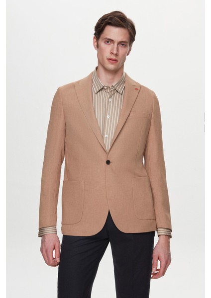 Slim Fit Kahverengi Armürlü Uçan Blazer Kumaş Ceket